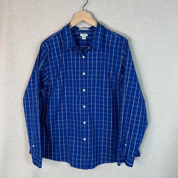 Lands End Womens Plaid Button Up Top Size 1X Wrinkle Free Office Career Blue - Picture 1 of 8